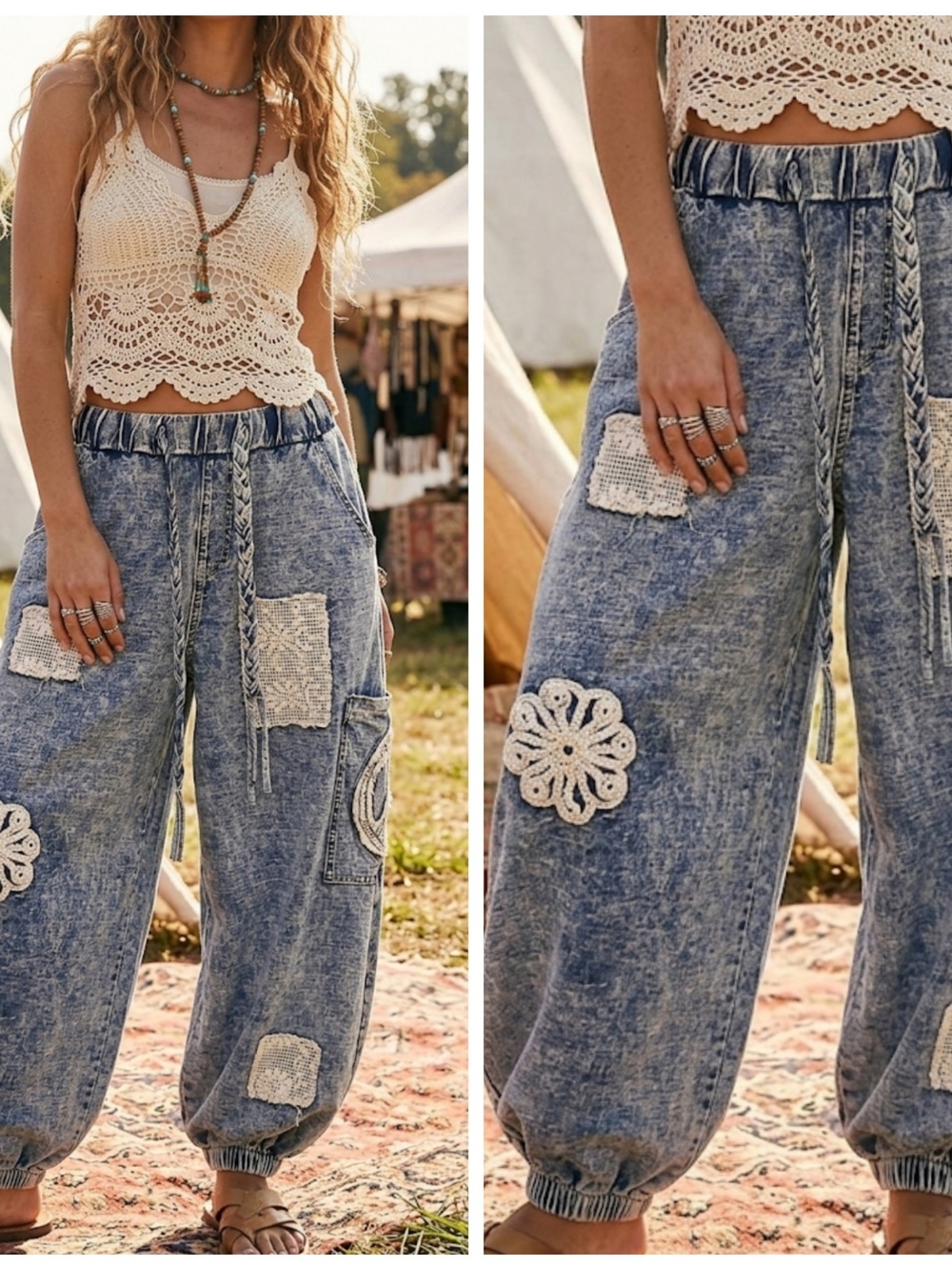 Boho Crochet Patch Denim Joggers - Blue